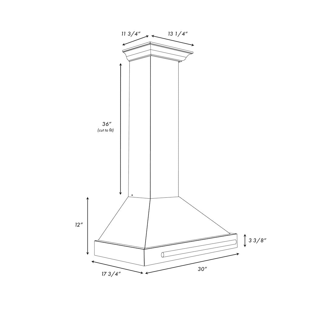 ZLINE Convertible Stainless Steel Range Hood with Black Matte Shell and Stainless Steel Handle (KB4STX-BLM) dimensional diagram with measurements.