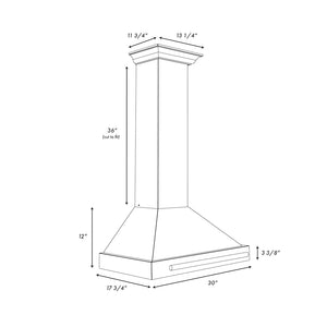 ZLINE Convertible Stainless Steel Range Hood with Black Matte Shell and Stainless Steel Handle (KB4STX-BLM) dimensional diagram with measurements.