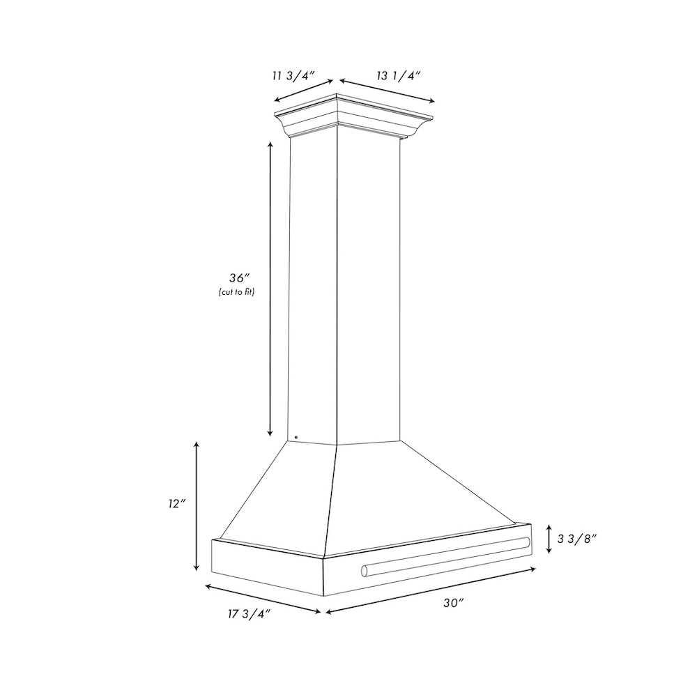 ZLINE 30 in. Convertible Stainless Steel Range Hood with Black Matte Shell and Stainless Steel Handle (KB4STX-BLM-30) dimensional diagram.