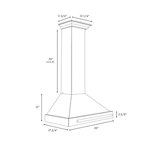 ZLINE 30 in. Convertible Stainless Steel Range Hood with Black Matte Shell and Stainless Steel Handle (KB4STX-BLM-30) dimensional diagram.