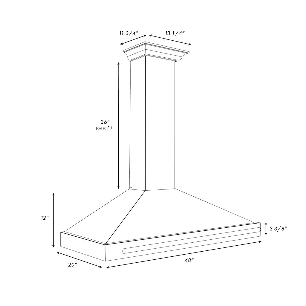 ZLINE Convertible Stainless Steel Range Hood with Black Matte Shell and Stainless Steel Handle (KB4STX-BLM) dimensional diagram with measurements.