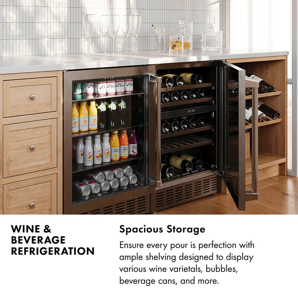 Wine and Beverage Refrigeration Infographic. Image: Wine cooler and beverage fridge in a custom home bar. Text: Spacious Storage. Ensure every pour is perfection with ample shelving designed to display various wine varietals, bubbles, beverage cans, and more.