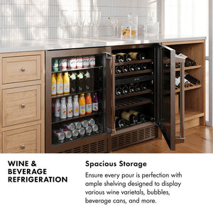 Wine and Beverage Refrigeration Infographic. Image: Wine cooler and beverage fridge in a custom home bar. Text: Spacious Storage. Ensure every pour is perfection with ample shelving designed to display various wine varietals, bubbles, beverage cans, and more.