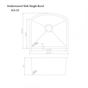 ZLINE Telluride 22 in. Undermount Single Bowl Stainless Steel Kitchen Sink with Bottom Grid (SCS-22) dimensional diagram.