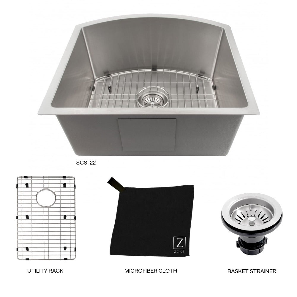 ZLINE Telluride 22 in. Undermount Single Bowl Stainless Steel Kitchen Sink with Bottom Grid (SCS-22) with utility rack, microfiber cloth, and basket strainer.