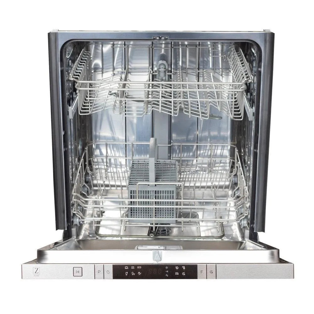 ZLINE 24 in. Panel Ready Top Control Dishwasher with Stainless Steel Tub, 52dBa (DW7713-24) front, half open.