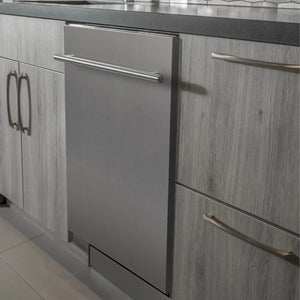 ZLINE 24 in. Top Control Dishwasher with Stainless Steel Panel and Modern Style Handle, 52dBa (DW-304-24) in a modern kitchen, side.