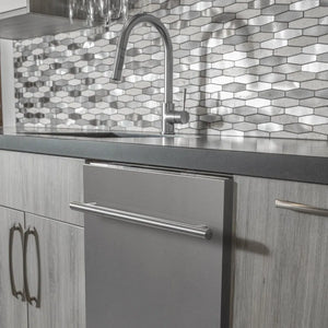 ZLINE 24 in. Top Control Dishwasher with Stainless Steel Panel and Modern Style Handle, 52dBa (DW-304-24) in a modern kitchen, above.