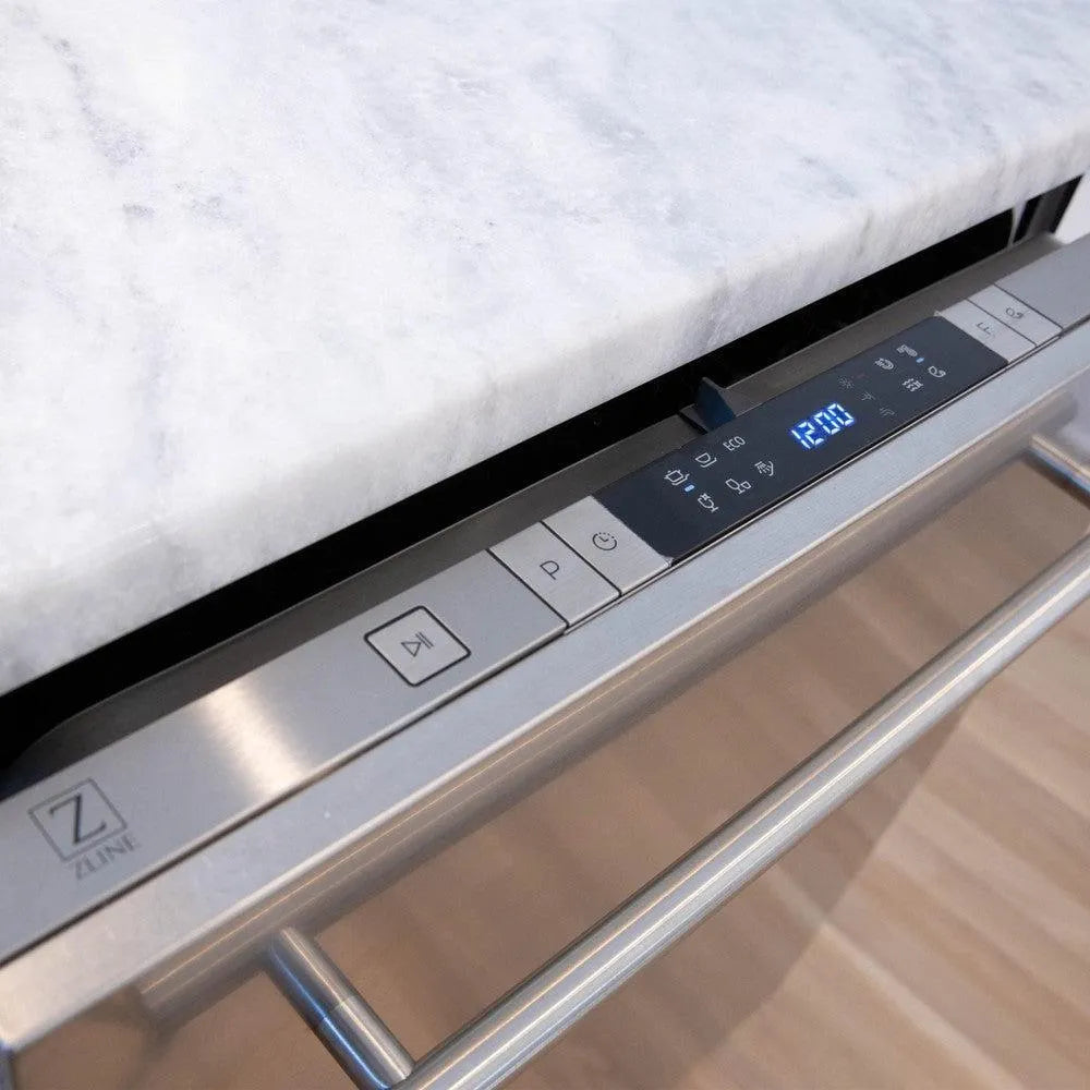 ZLINE 24 in. Top Control Dishwasher with Stainless Steel Panel and Modern Style Handle, 52dBa (DW-304-24) closed, top control and display, close-up.