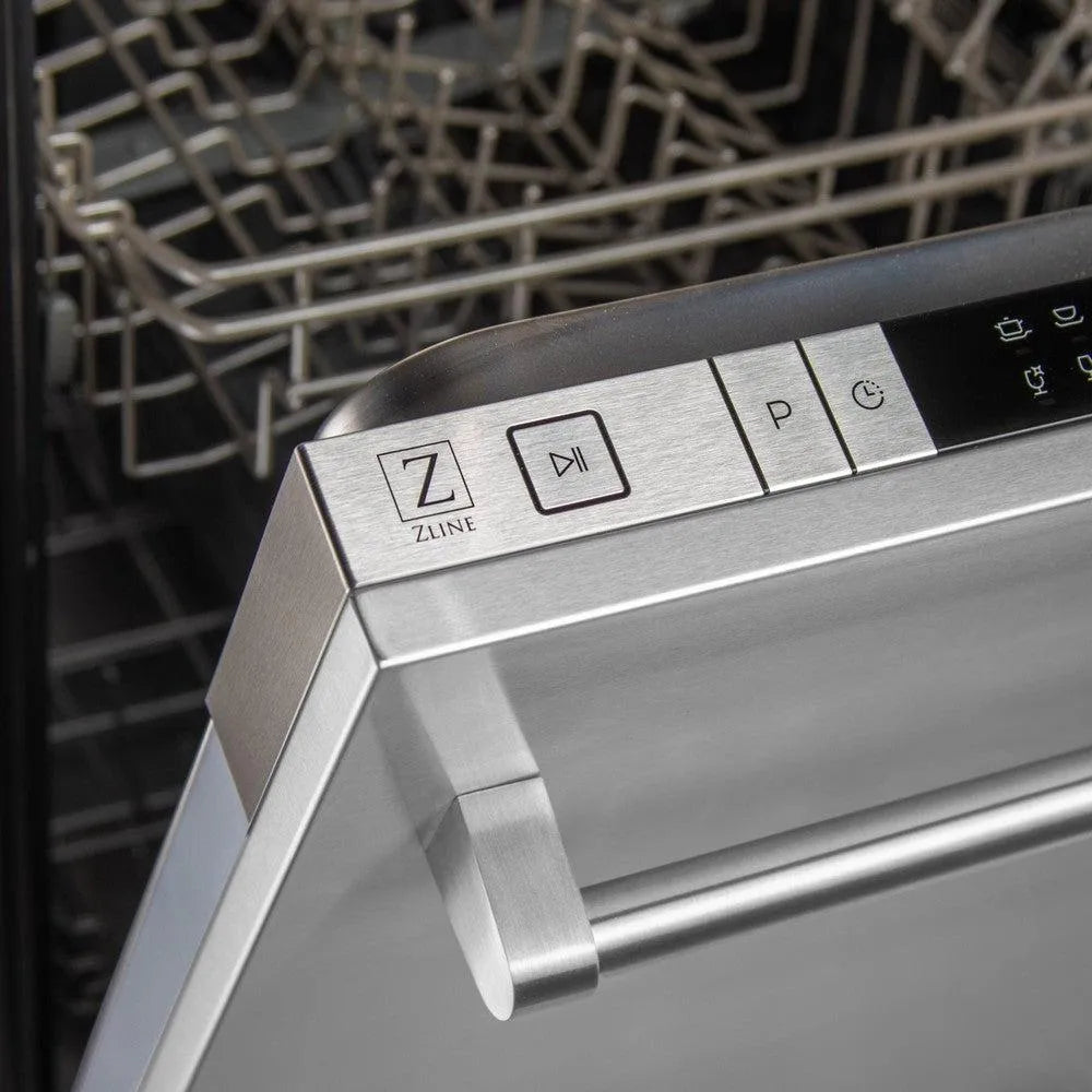 ZLINE 24 in. Top Control Dishwasher with Stainless Steel Panel and Traditional Style Handle, 52dBa (DW-304-H-24) close-up, start button and handle.