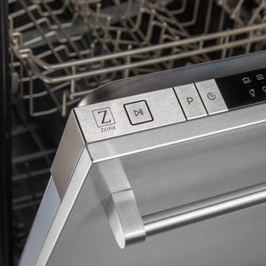 ZLINE 24 in. Top Control Dishwasher with Stainless Steel Panel and Traditional Style Handle, 52dBa (DW-304-H-24) close-up, start button and handle.