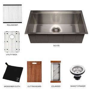 ZLINE Garmisch 30 in. Undermount Single Bowl Scratch Resistant Stainless Steel Kitchen Sink with Bottom Grid and Accessories (SLS-30S) separated components.