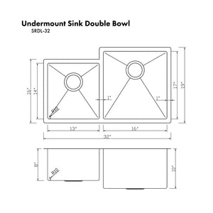 ZLINE Jackson 32 in. Undermount Double Bowl Scratch Resistant Stainless Steel Kitchen Sink with Bottom Grid (SRDL-32S) dimensional diagram.