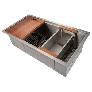 ZLINE Garmisch 33 in. Undermount Single Bowl Scratch Resistant Stainless Steel Kitchen Sink with Bottom Grid and Accessories (SLS-33S) angled, above.