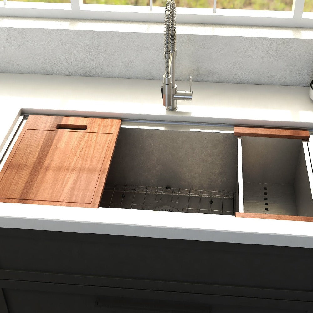 ZLINE Garmisch 33 in. Undermount Single Bowl Scratch Resistant Stainless Steel Kitchen Sink with Bottom Grid and Accessories (SLS-33S) in a luxury kitchen, above.