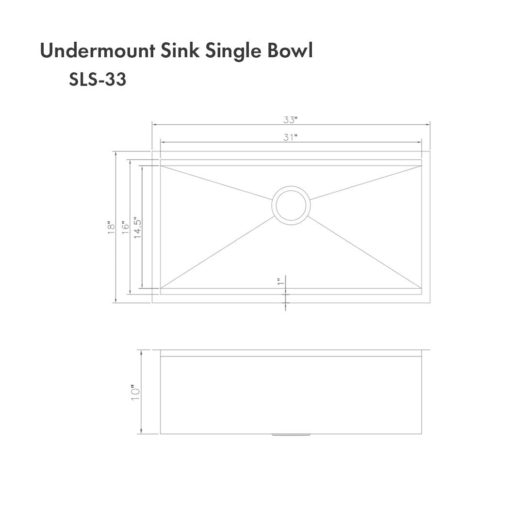 ZLINE Garmisch 33 in. Undermount Single Bowl Scratch Resistant Stainless Steel Kitchen Sink with Bottom Grid and Accessories (SLS-33S) dimensional diagram.