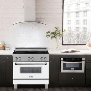 ZLINE 36 in. Induction Range in Fingerprint Resistant Stainless Steel with White Matte Door in modern apartment kitchen with matching ZLINE Range Hood.