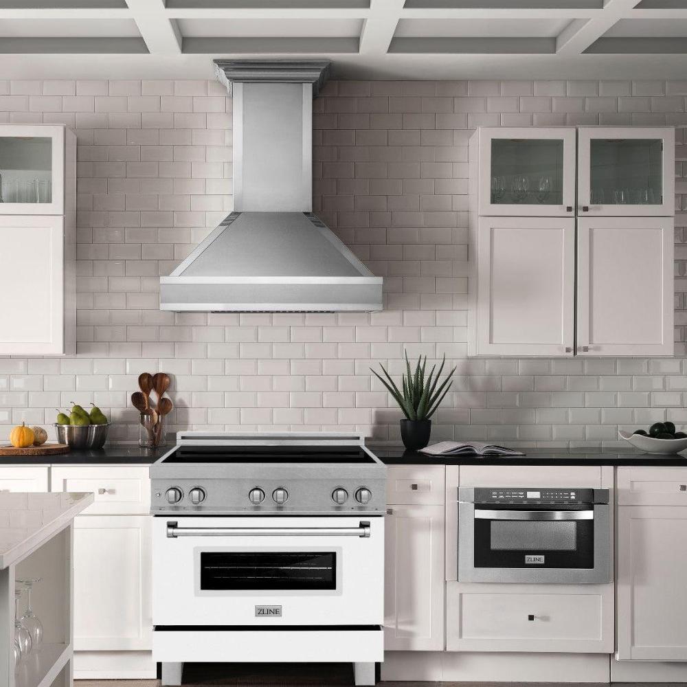  ZLINE 36 in. Induction Range in Fingerprint Resistant Stainless Steel with White Matte Door in farmhouse style kitchen with ZLINE Range Hood.