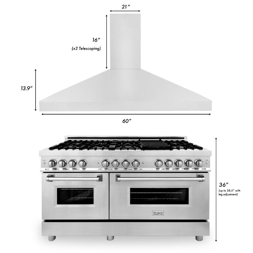 ZLINE 60 in. Kitchen Package with Stainless Steel Dual Fuel Range and Convertible Vent Range Hood (2KP-RARH60) dimensions.