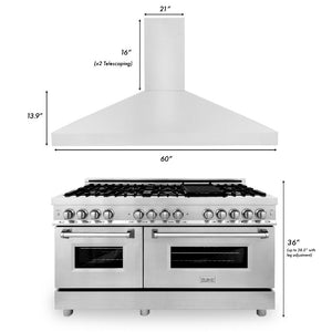 ZLINE 60 in. Kitchen Package with Stainless Steel Dual Fuel Range and Convertible Vent Range Hood (2KP-RARH60) dimensions.