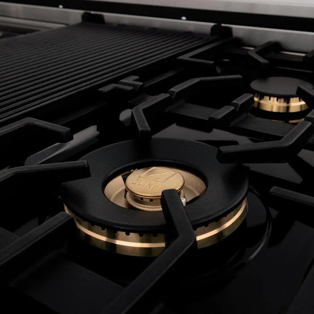 ZLINE 60 in. 7.4 cu. ft. Legacy Dual Fuel Range with Gas Cooktop and 2 Electric Convection Ovens in Stainless Steel with 8 Brass Burners (RA-BR-60) brass burners and grates.