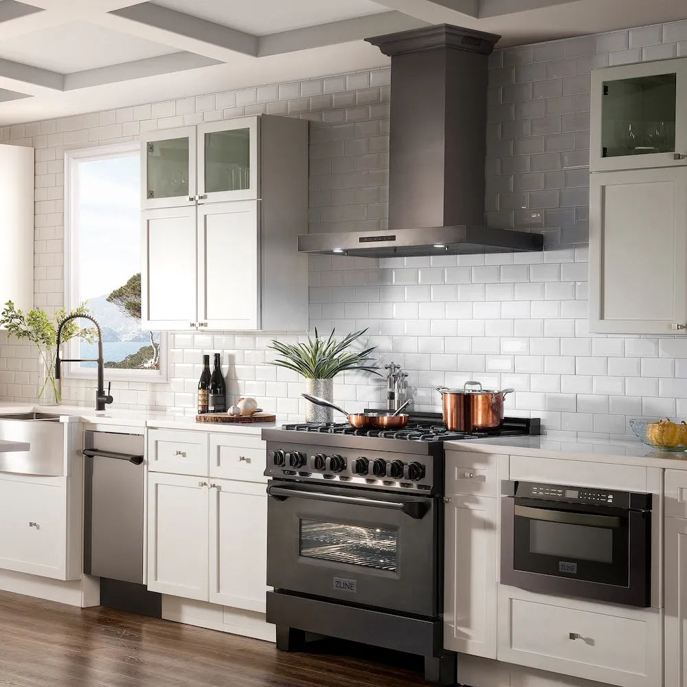 ZLINE 36 in. CrownSound™ Ducted Vent Wall Mount Range Hood in Black Stainless Steel with Built-in Bluetooth Speakers (BSKENCRN-BT-36) in a luxury kitchen.