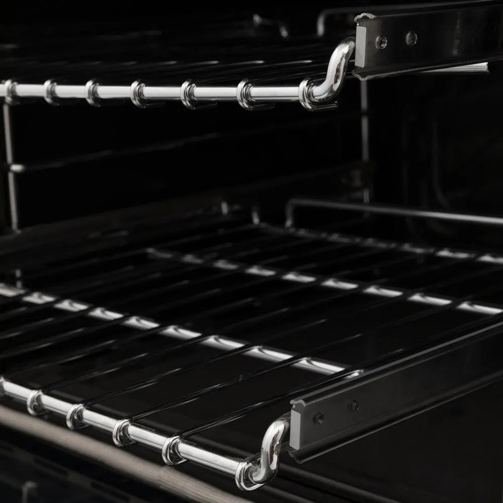 ZLINE Autograph Edition 30 in. 4.0 cu. ft. Legacy Dual Fuel Range with 4 Burner Gas Cooktop and Electric Convection Oven in Black Stainless Steel and Champagne Bronze Accents (RABZ-30-CB) ball-bearing oven racks from side.