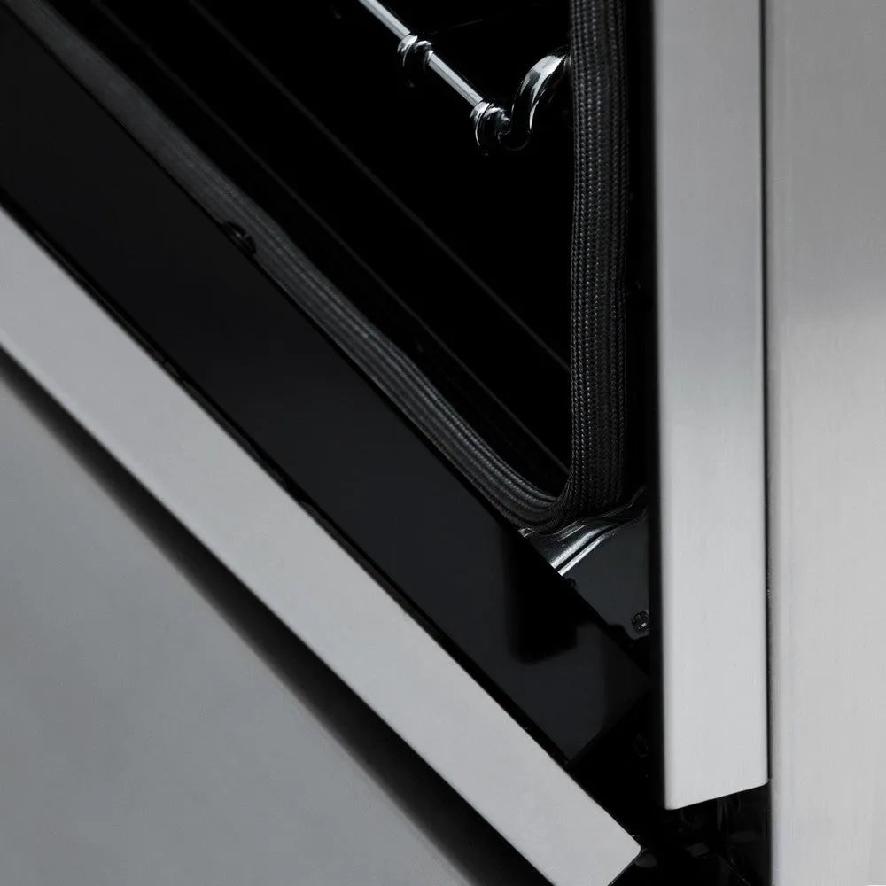 ZLINE Autograph Edition 30 in. 4.0 cu. ft. Legacy Dual Fuel Range with 4 Burner Gas Cooktop and Electric Convection Oven in Stainless Steel and Polished Gold Accents (RAZ-30-G) close-up, stayput oven door hinge.