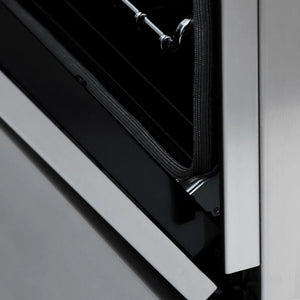 ZLINE Autograph Edition 30 in. 4.0 cu. ft. Legacy Dual Fuel Range with 4 Burner Gas Cooktop and Electric Convection Oven in Stainless Steel and Polished Gold Accents (RAZ-30-G) close-up, stayput oven door hinge.