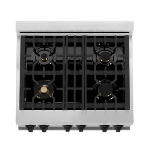 ZLINE Autograph Edition 30 in. 4.0 cu. ft. Legacy Dual Fuel Range with 4 Burner Gas Cooktop and Electric Convection Oven in Stainless Steel with White Matte Door and Matte Black Accents (RAZ-WM-30-MB) top-down, above cooktop.