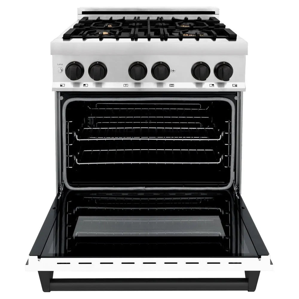 ZLINE Autograph Edition 30 in. 4.0 cu. ft. Legacy Dual Fuel Range with 4 Burner Gas Cooktop and Electric Convection Oven in Stainless Steel with White Matte Door and Matte Black Accents (RAZ-WM-30-MB) front, oven open.