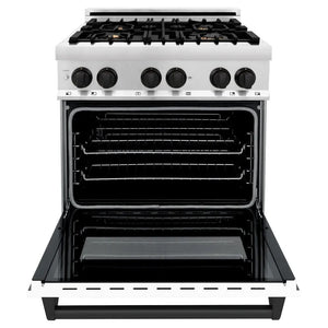 ZLINE Autograph Edition 30 in. 4.0 cu. ft. Legacy Dual Fuel Range with 4 Burner Gas Cooktop and Electric Convection Oven in Stainless Steel with White Matte Door and Matte Black Accents (RAZ-WM-30-MB) front, oven open.