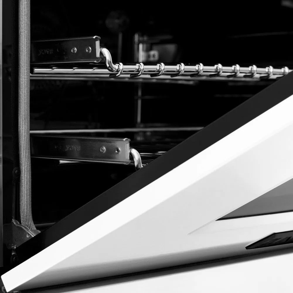 ZLINE Autograph Edition 30 in. 4.0 cu. ft. Legacy Dual Fuel Range with 4 Burner Gas Cooktop and Electric Convection Oven in Stainless Steel with White Matte Door and Matte Black Accents (RAZ-WM-30-MB) StayPut oven door hinge.