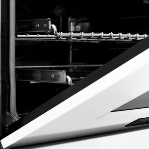 ZLINE Autograph Edition 30 in. 4.0 cu. ft. Legacy Dual Fuel Range with 4 Burner Gas Cooktop and Electric Convection Oven in Stainless Steel with White Matte Door and Matte Black Accents (RAZ-WM-30-MB) StayPut oven door hinge.