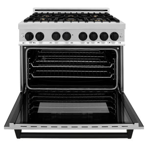 ZLINE Autograph Edition 36 in. 4.6 cu. ft. Legacy Dual Fuel Range with 6 Burner Gas Cooktop and Electric Convection Oven in Stainless Steel and Matte Black Accents (RAZ-36-MB) front, oven open.