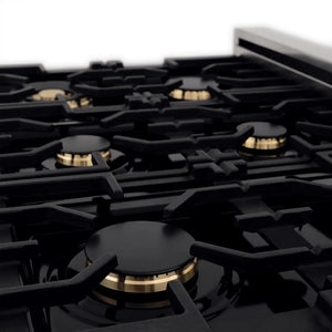 ZLINE Autograph Edition 36 in. 4.6 cu. ft. Legacy Dual Fuel Range with 6 Burner Gas Cooktop and Electric Convection Oven in Stainless Steel and Matte Black Accents (RAZ-36-MB) brass burners and cast-iron rates from side.