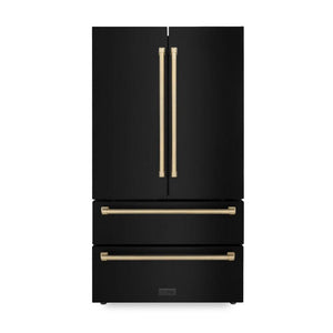 ZLINE Autograph Edition 36 in. 22.5 cu. ft. Counter-Depth French Door Refrigerator with Ice Maker in Fingerprint-Resistant Black Stainless Steel and Champagne Bronze Traditional Handles (RFMZ-36-BS-CB) front.
