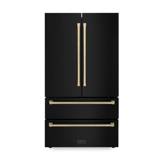 ZLINE Autograph Edition 36 in. 22.5 cu. ft. Counter-Depth French Door Refrigerator with Ice Maker in Fingerprint-Resistant Black Stainless Steel and Champagne Bronze Traditional Handles (RFMZ-36-BS-CB) front.
