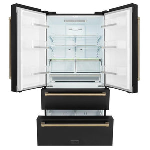 ZLINE Autograph Edition 36 in. 22.5 cu. ft. Counter-Depth French Door Refrigerator with Ice Maker in Fingerprint-Resistant Black Stainless Steel and Champagne Bronze Traditional Handles (RFMZ-36-BS-CB) front with doors open and bottom freezer drawer open.