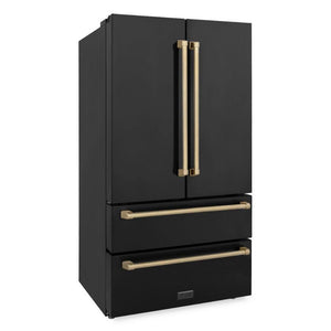 ZLINE Autograph Edition 36 in. 22.5 cu. ft. Counter-Depth French Door Refrigerator with Ice Maker in Fingerprint-Resistant Black Stainless Steel and Champagne Bronze Traditional Handles (RFMZ-36-BS-CB) side, closed.