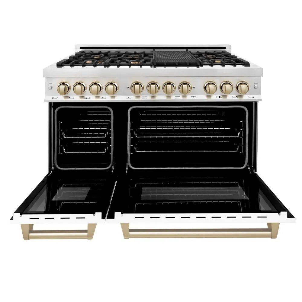 ZLINE Autograph Edition 48 in. Dual Fuel Range with White Matte Doors and Polished Gold Accents (RAZ-WM-48-G) front with double ovens open.