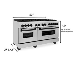 ZLINE Autograph Edition 60 in. 7.4 cu. ft. Dual Fuel Range with Gas Stove and Electric Oven in Stainless Steel with Matte Black Accents (RAZ-60-MB) dimensional diagram.