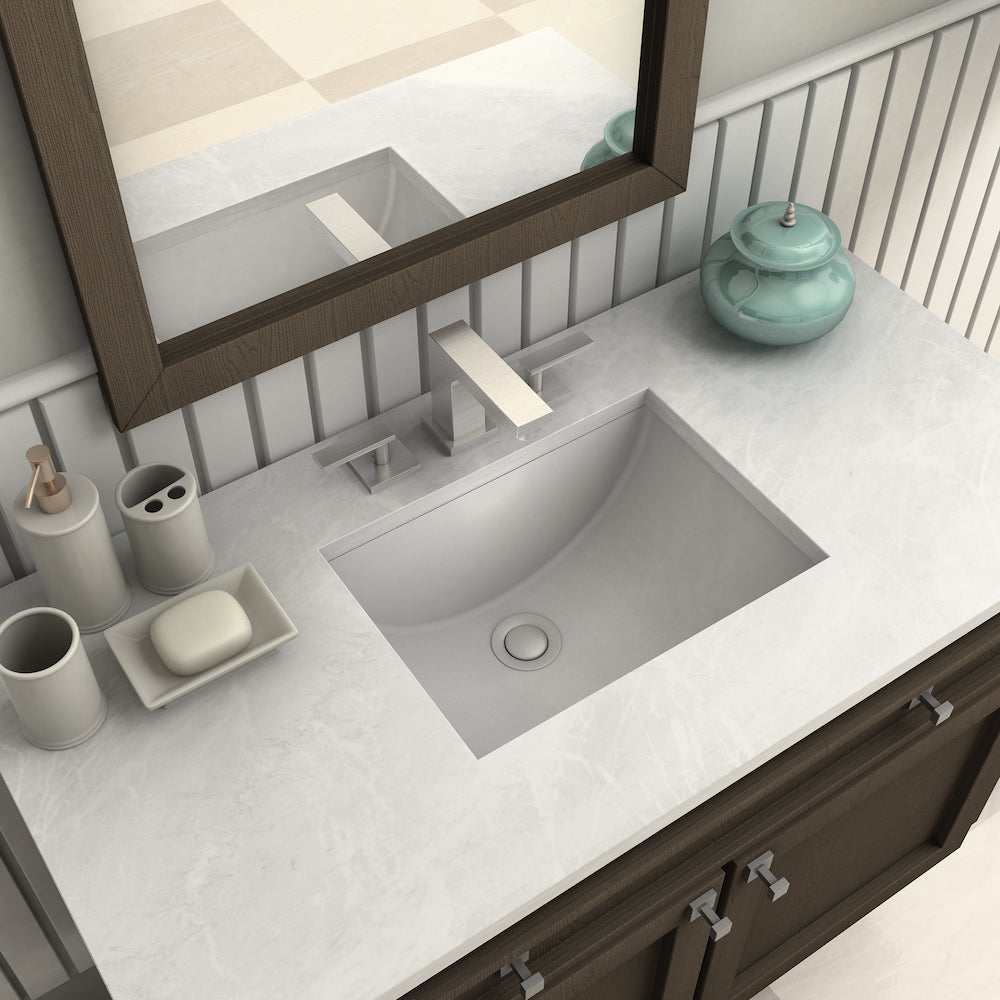 ZLINE Crystal Bay Widespread Bath Faucet in Brushed Nickel (CBY-BF-BN) installed on a luxury bathroom vanity, above.