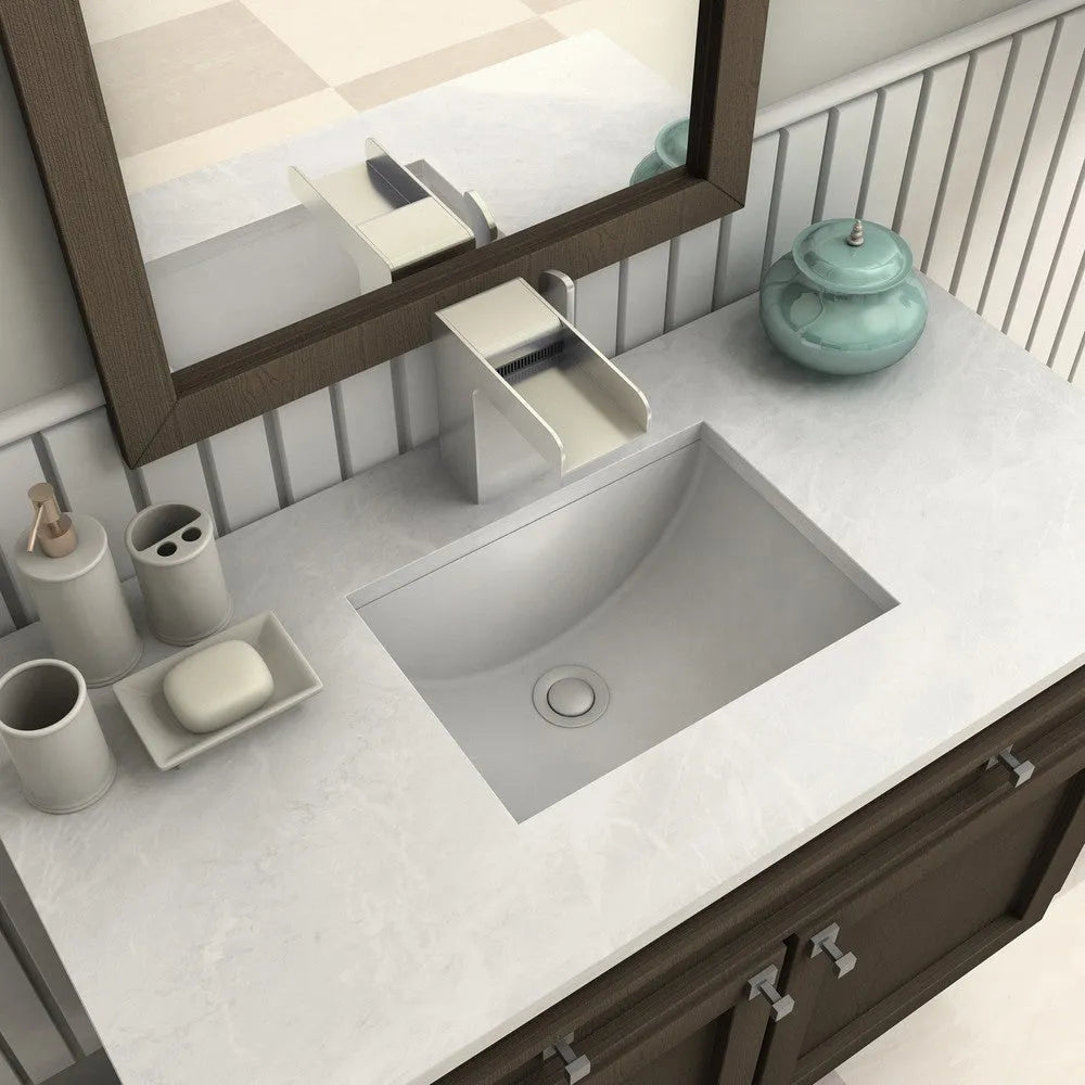 ZLINE Diamond Peak Waterfall Bath Faucet in Brushed Nickel (DMP-BF-BN) on a luxury bathroom vanity, above.