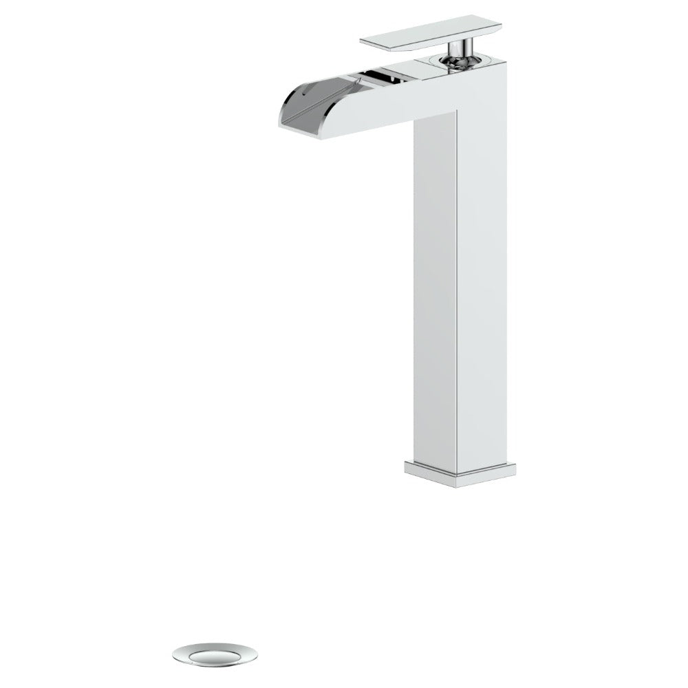 ZLINE Eagle Falls Waterfall Vessel Sink Bath Faucet in Chrome (EAG-BF-CH) with matching drain.