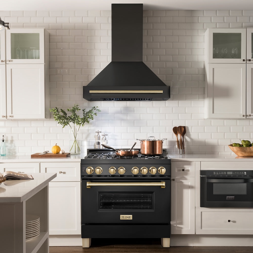 ZLINE Autograph Edition 36 in. Black Stainless Steel Range Hood with Polished Gold Handle (BS655Z-36-G)