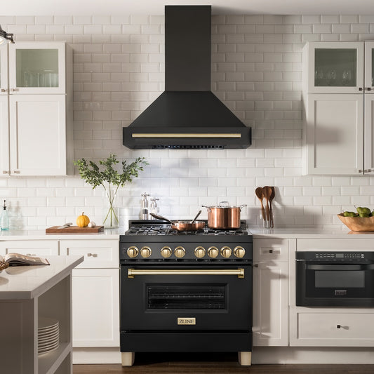 ZLINE Autograph Edition 36 in. Black Stainless Steel Range Hood with Polished Gold Handle (BS655Z-36-G)