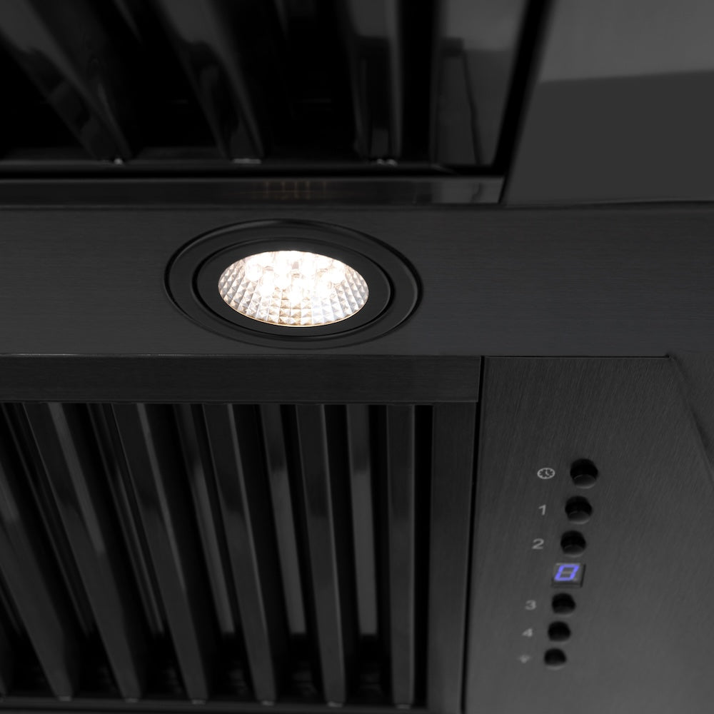 ZLINE 48 in. Black Stainless Steel Range Hood with Black Stainless Steel Handle (BS655-48-BS) built-in lighting.
