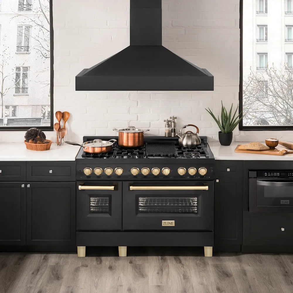 ZLINE 48 in. Ducted Vent Black Stainless Steel Wall Mount Range Hood (BS655N-48) in a luxury kitchen.