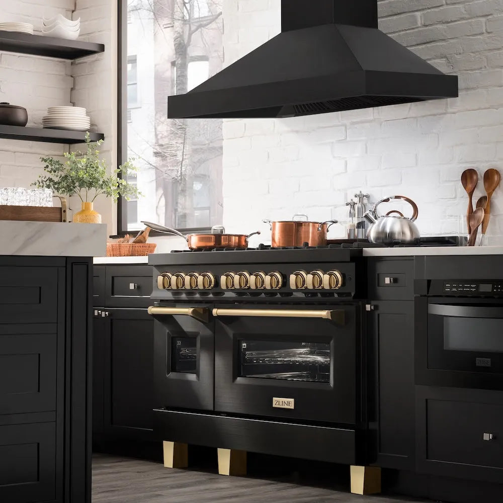 ZLINE 48 in. Ducted Vent Black Stainless Steel Wall Mount Range Hood (BS655N-48) in a luxury kitchen.